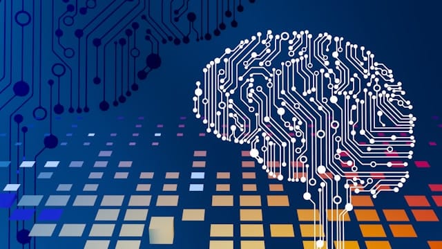 A brain drawn as circuit board traces on a blue background above a grid of coloured squares