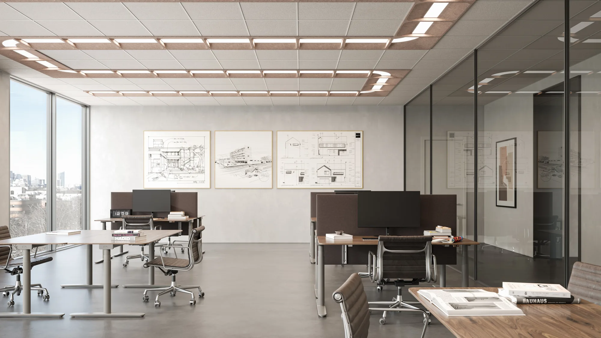 Open-plan office with desks and framed architectural sketches, lit by linear luminaires set into a rectangular pattern in the acoustic ceiling